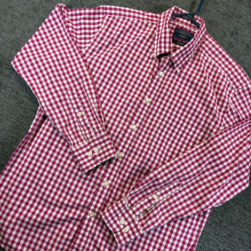 Charles Tyrwhitt Button Down Shirt Mens L Magenta Gingham Slim Fit Non-Iron